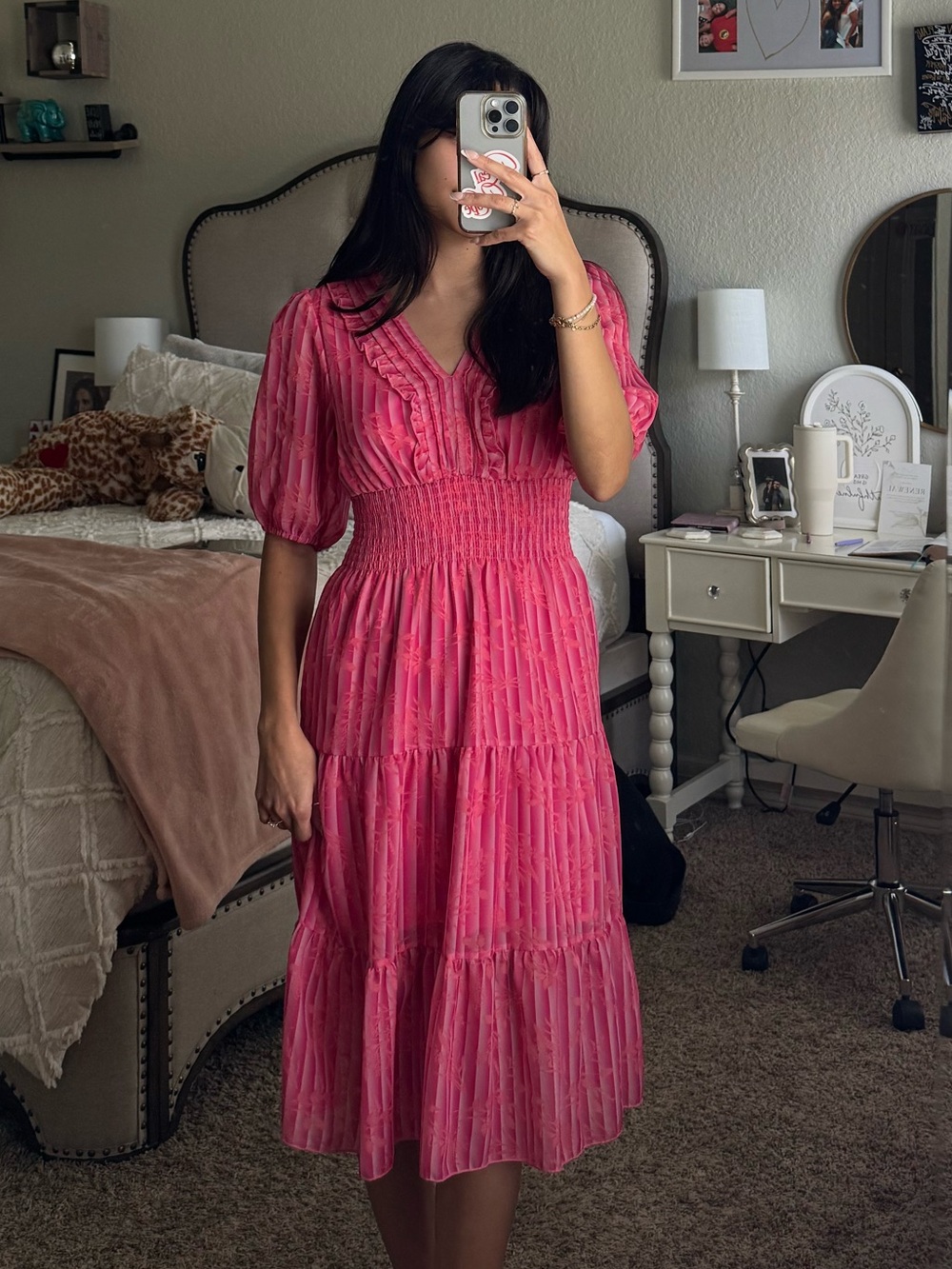 Pink Smocked Waist Tiered Midi Dress
